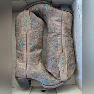 Ladies Corral Cowgirl Boots Size 6 Sand/Turquoise Laser Over.
